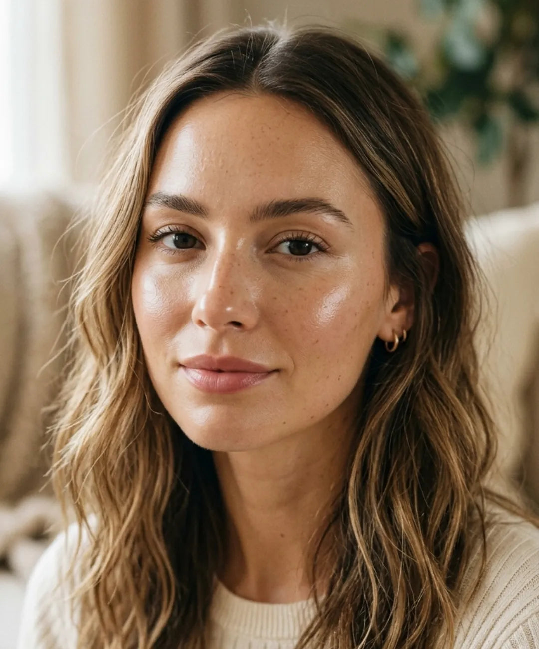 Woman with natural minimal makeup and glowing skin in soft lighting