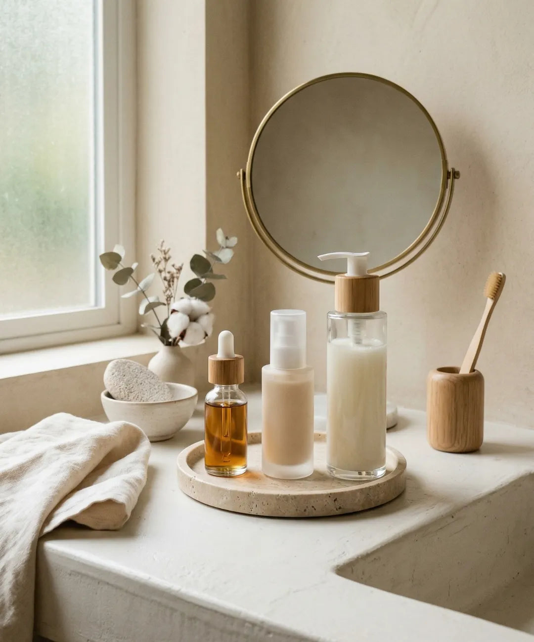 Vertical image of a minimalist bathroom counter with skincare bottles (serum, moisturizer, cleanser), soft natural light, neutral tones, clean aesthetic