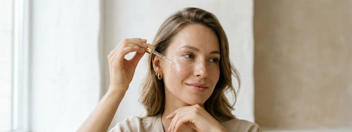 Wide horizontal image of a glowing woman with natural skin holding a serum dropper near her face, soft natural lighting, clean white and beige background, minimal aesthetic, dewy skin texture, luxury skincare vibe, shallow depth of field, high-end beauty campaign style